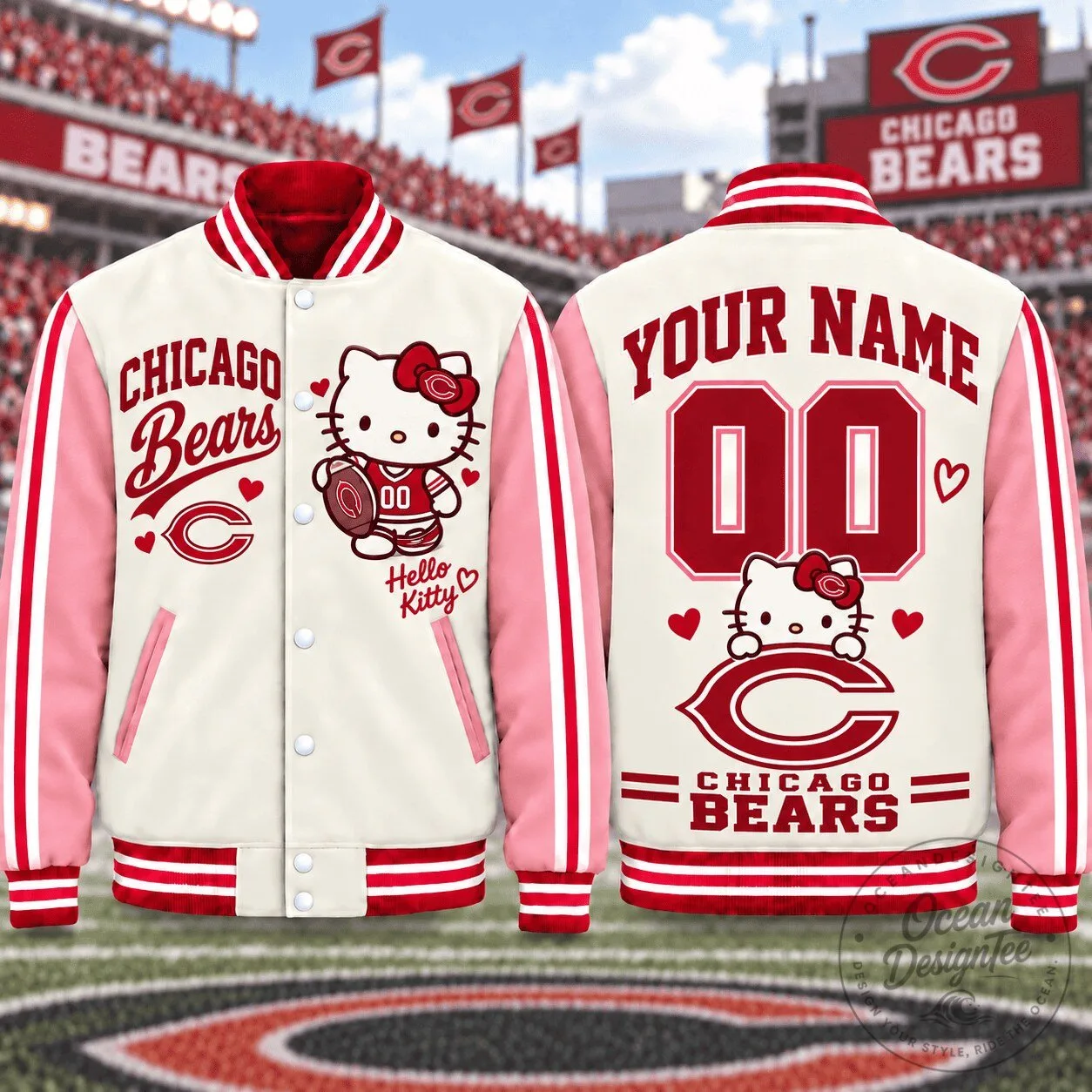 Chicago Bears Hello Kitty Personalized Name and Number Varsity Jacket