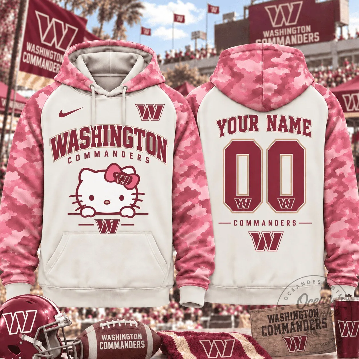 Washington Commanders Hello Kitty Pink Camouflage Custom Name and Number Hoodie