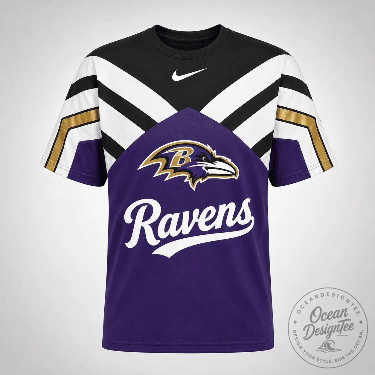Baltimore Ravens NFL Football Team Logo Black White Purple Gold T-Shirt