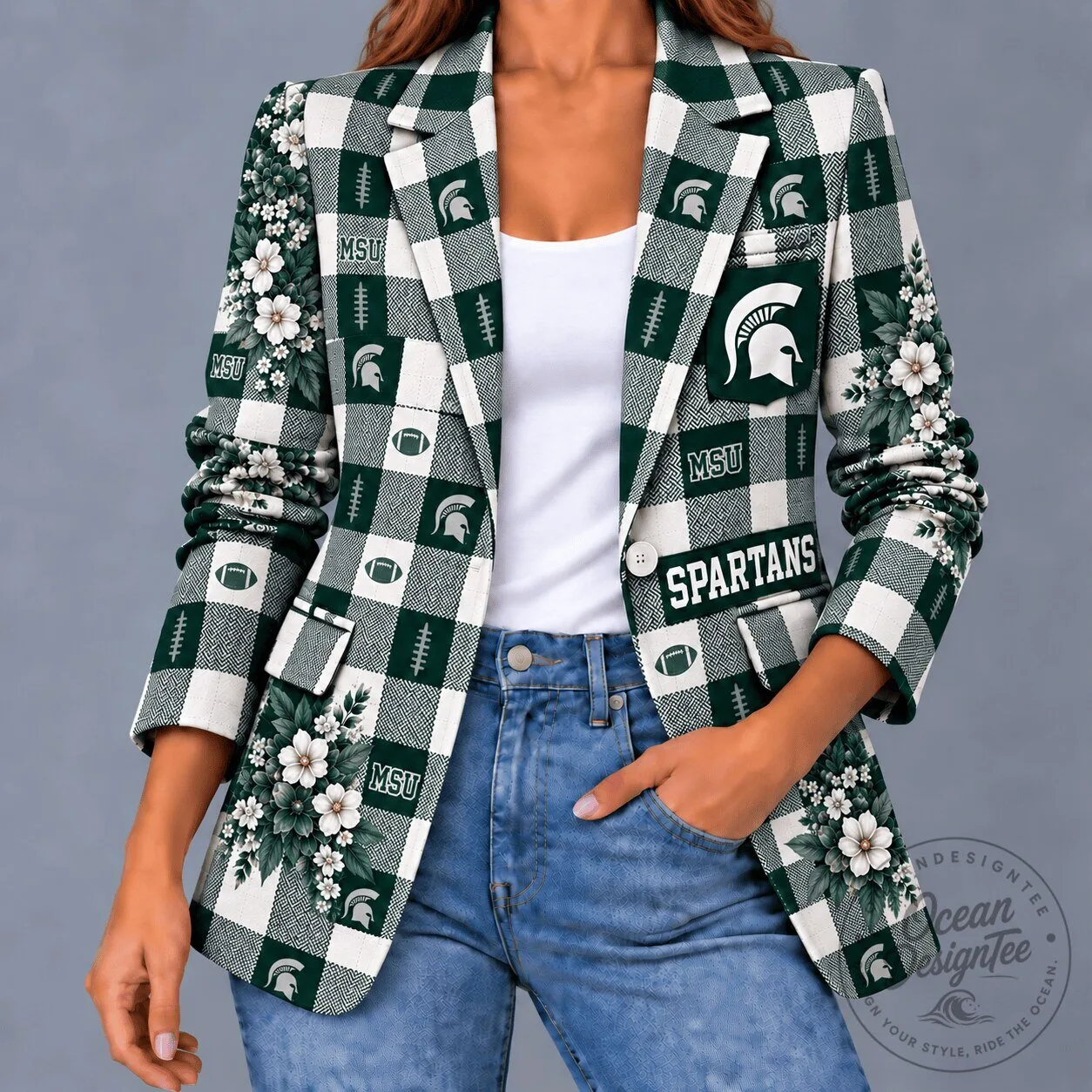 Michigan State Spartans Football Game Day Floral Plaid Women's Blazer Jacket
