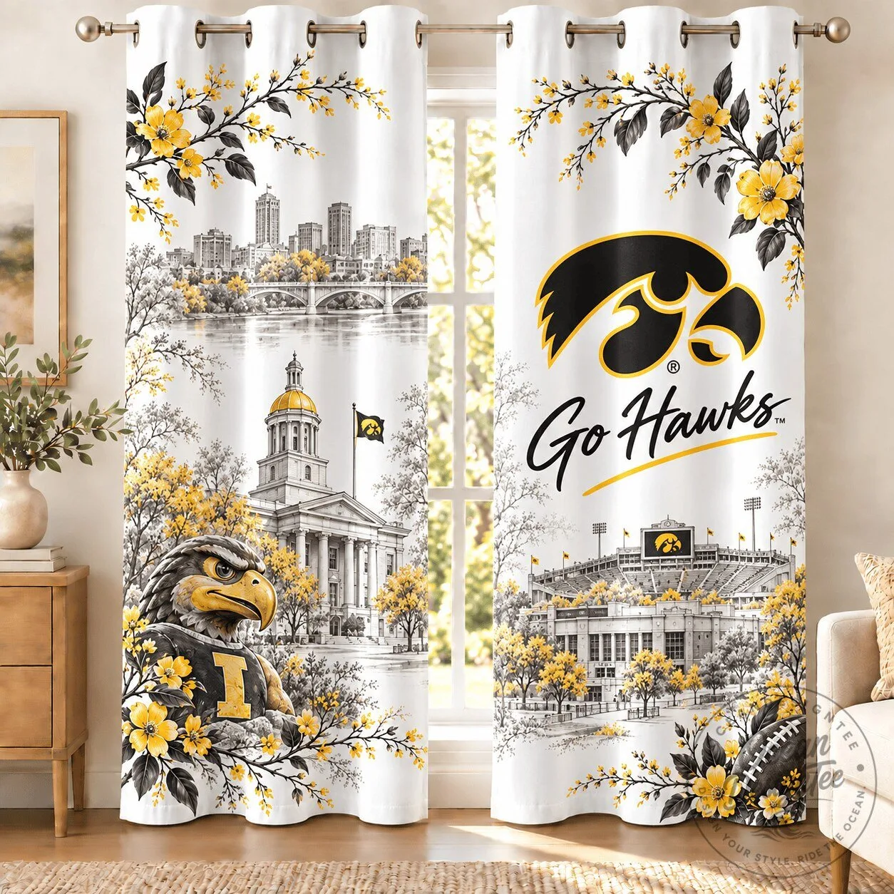 Iowa Hawkeyes Go Hawks College Football Team White Window Curtains