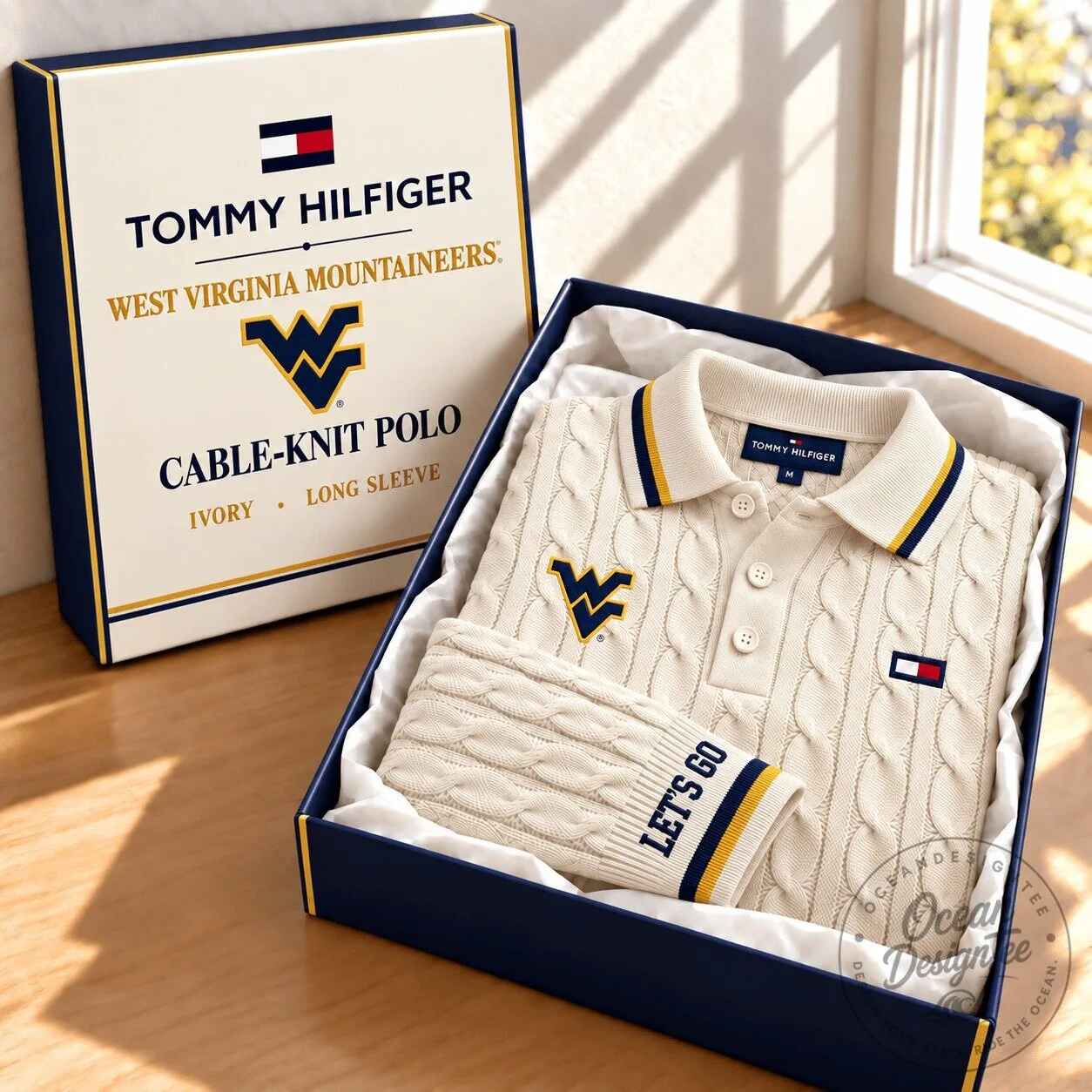 West Virginia Mountaineers Tommy Hilfiger Cable-Knit Long Sleeve Polo Shirt