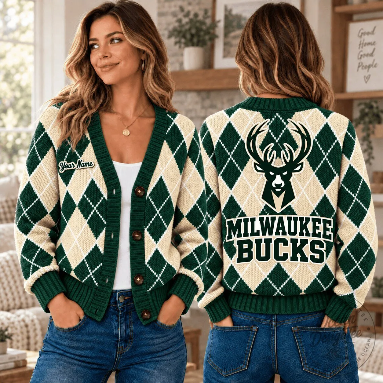 Milwaukee Bucks NBA Argyle Pattern Custom Name Cardigan Sweater