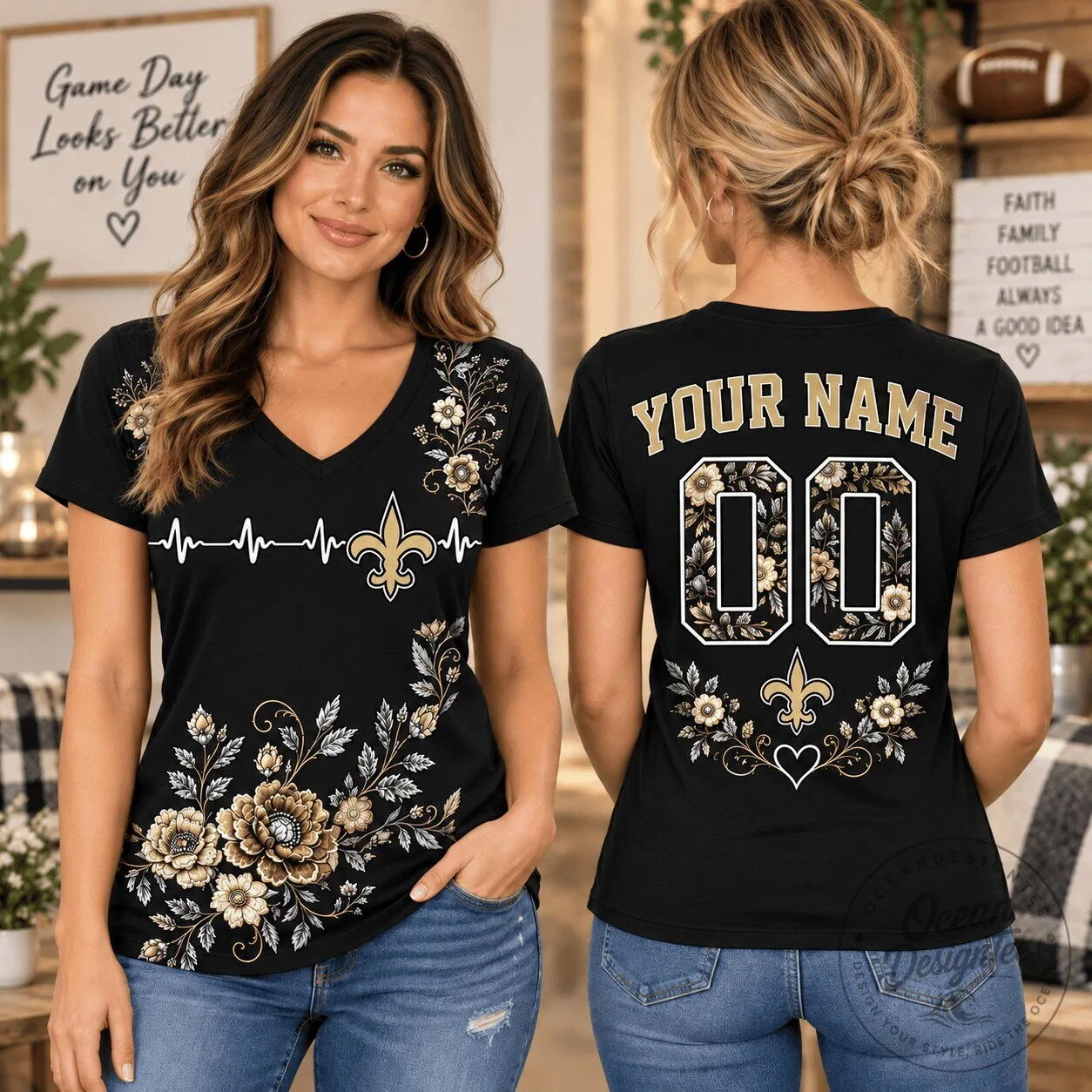 New Orleans Saints Personalized Floral V-Neck T-Shirt for 1d Fan