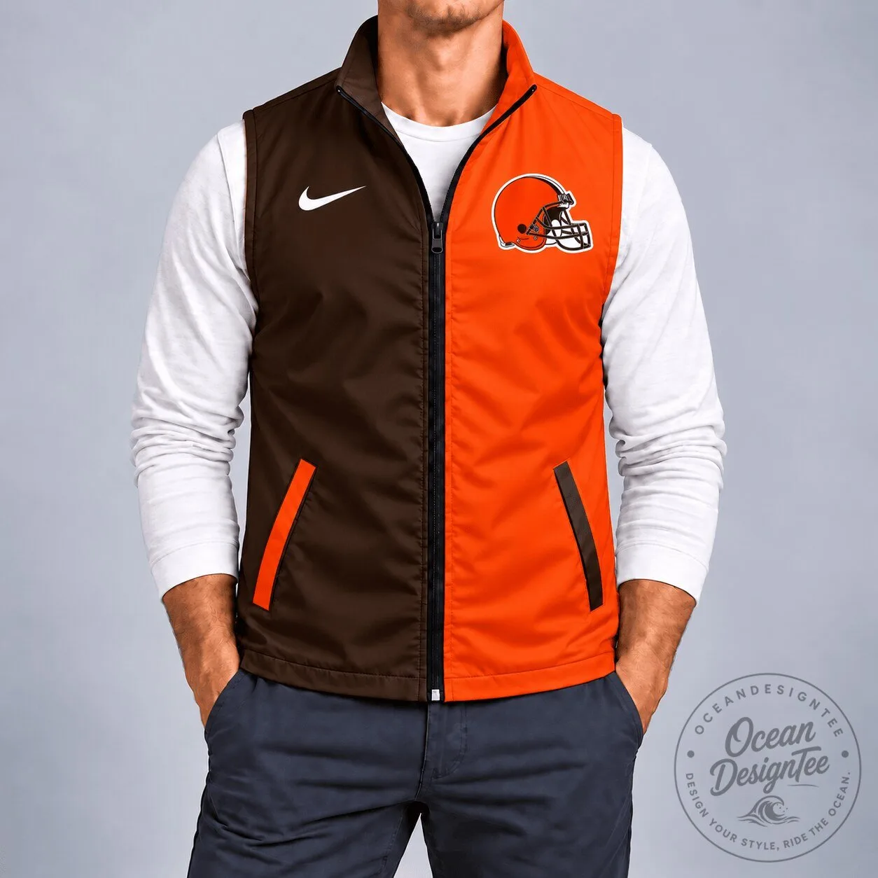 Cleveland Browns NFL Football Team Brown Orange Sleeveless Zip Up Vest Jacket