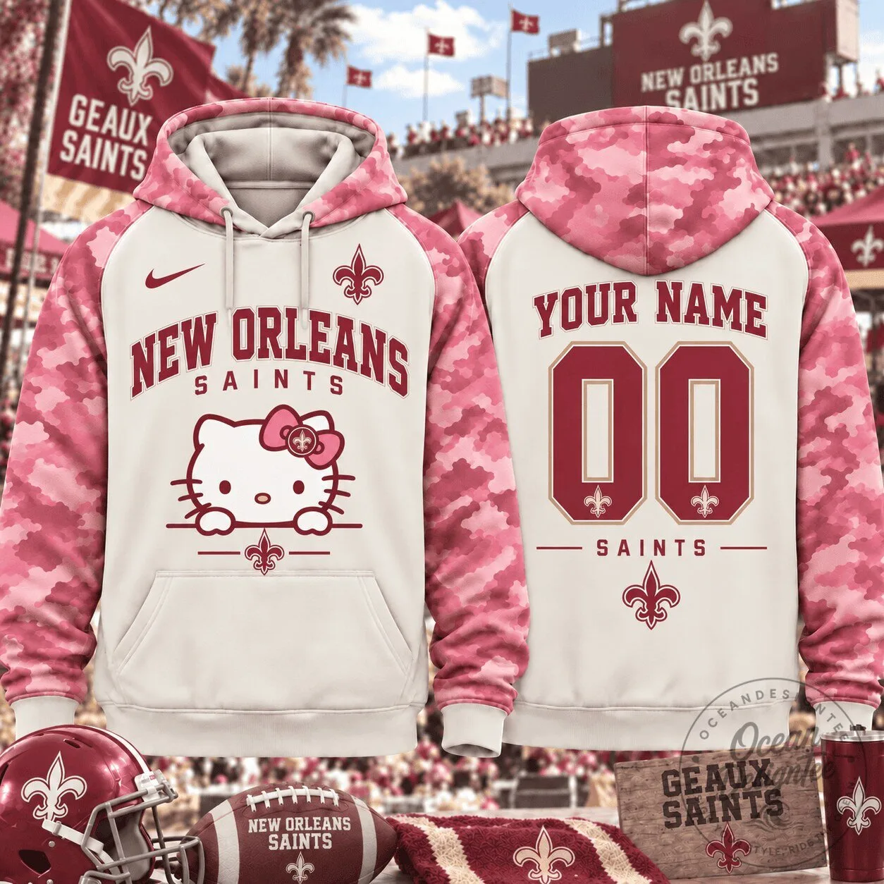 New Orleans Saints Hello Kitty Pink Camouflage Football Team Hoodie