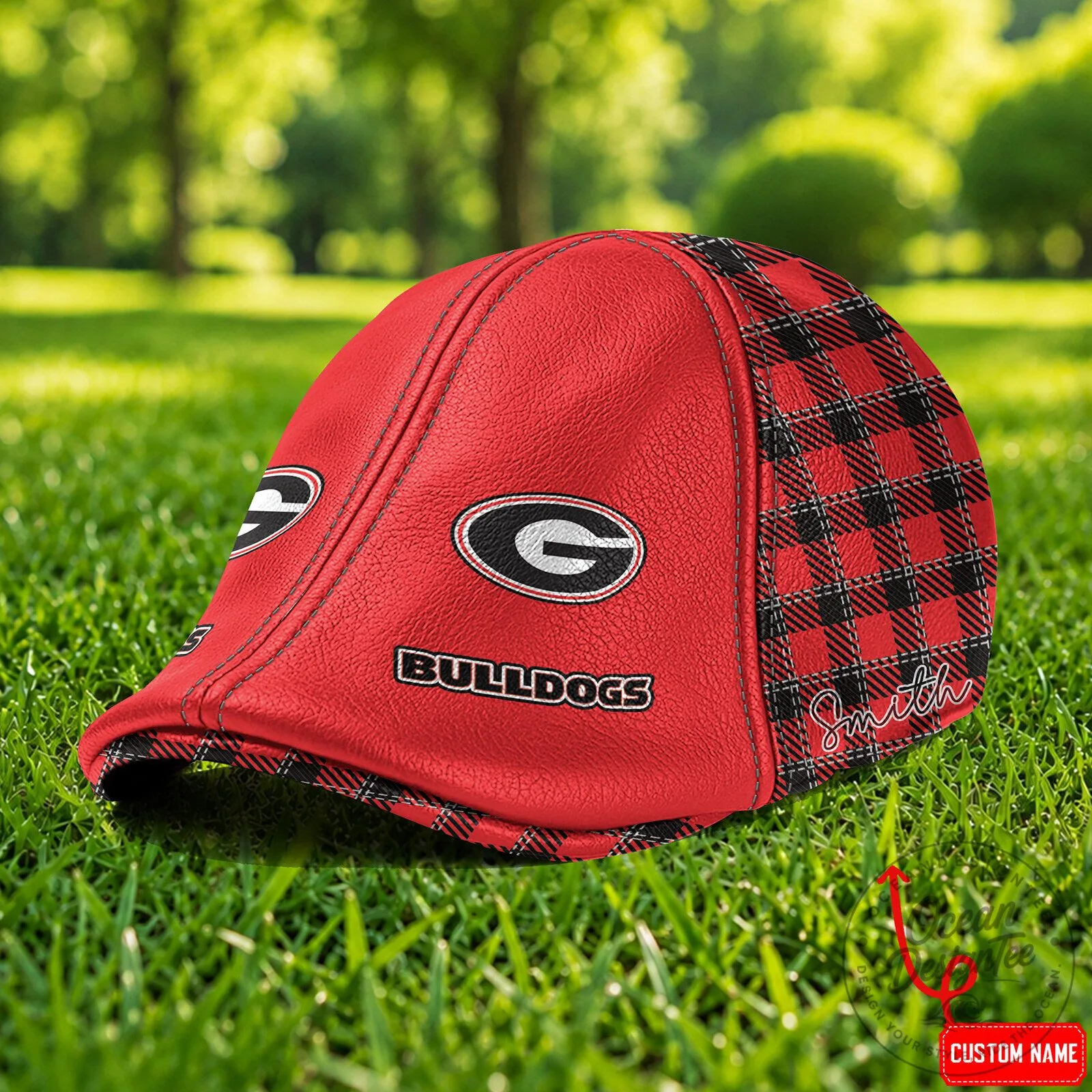 Georgia Bulldogs Personalized Red Plaid Custom Name Flat Cap