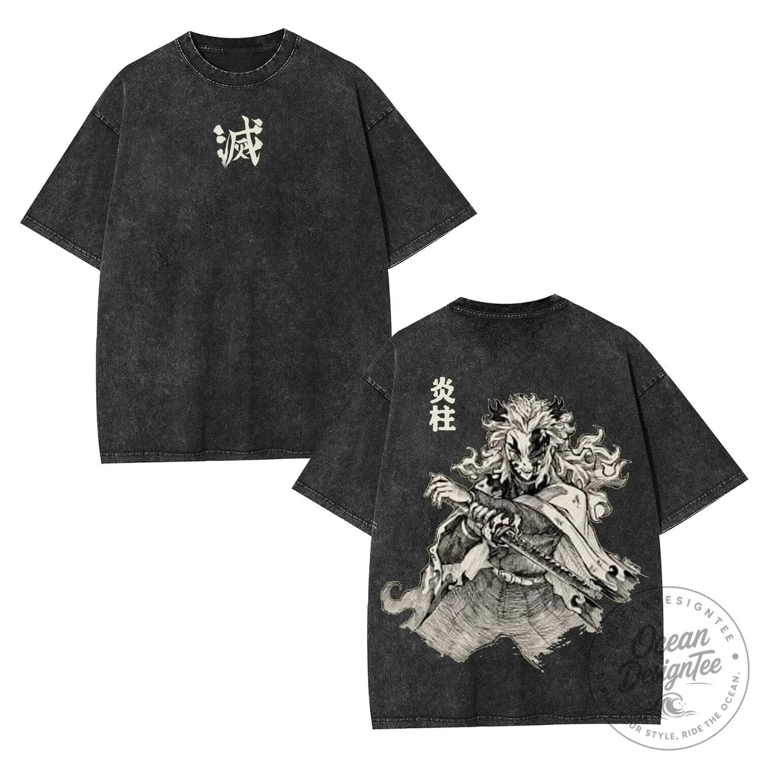 Demon Slayer Rengoku Kyojuro Anime Manga Washed Black Graphic T-Shirt