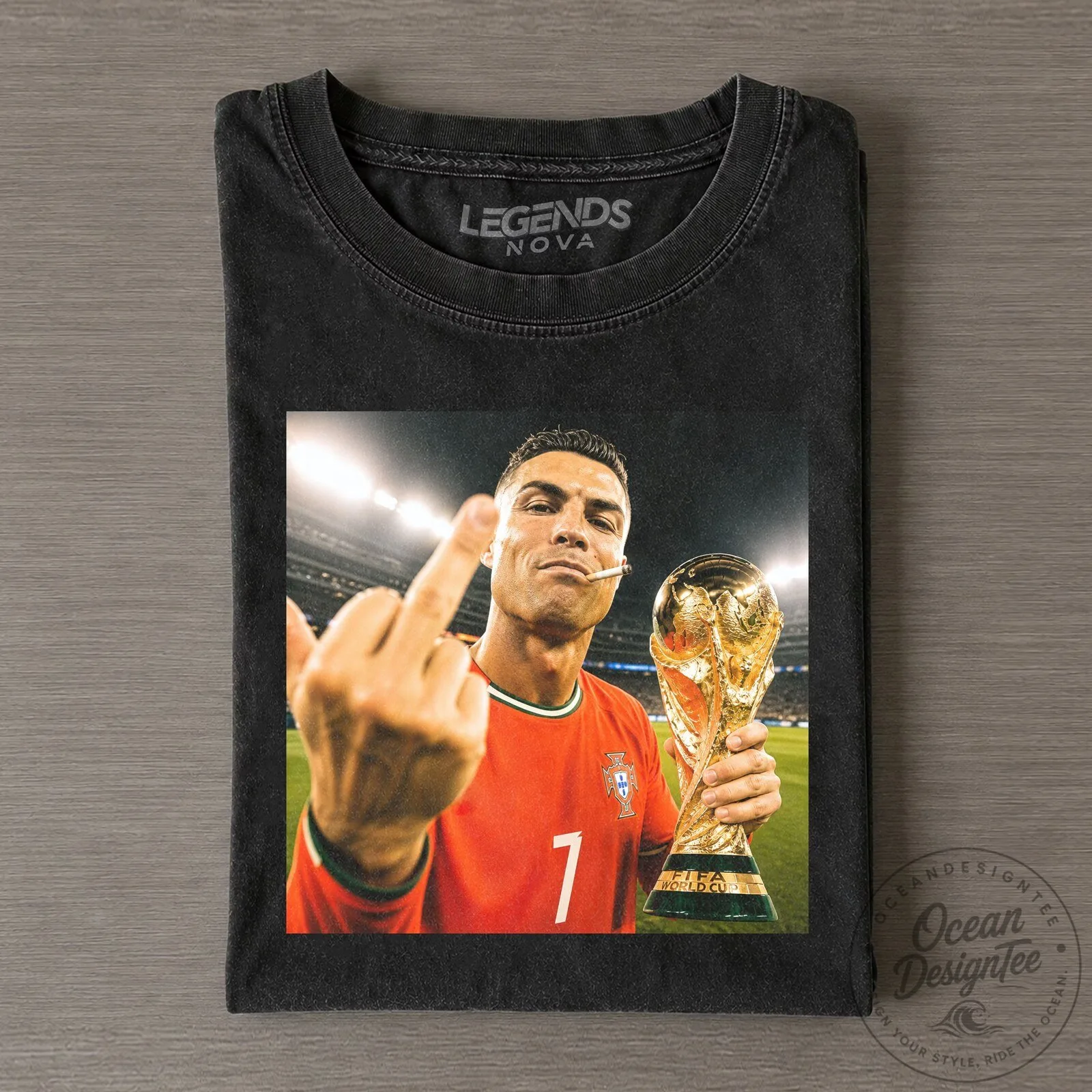 Black T-Shirt Featuring Cristiano Ronaldo's Middle Finger for World Cup Champions