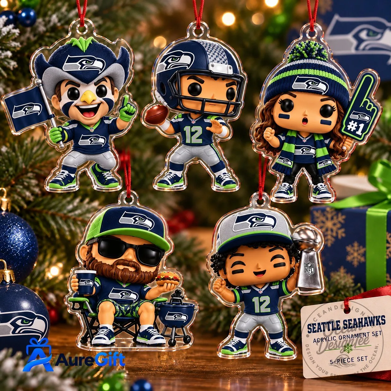 Seattle Seahawks Football Team Christmas Tree Acrylic Ornament Set