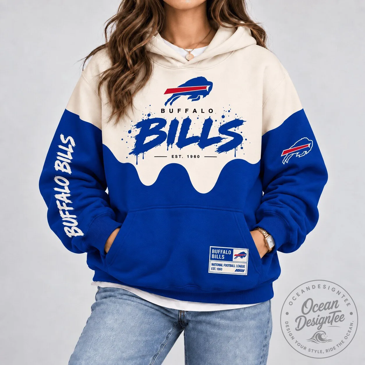 Buffalo Bills National Football League Paint Splatter Cream and Blue Hoodie