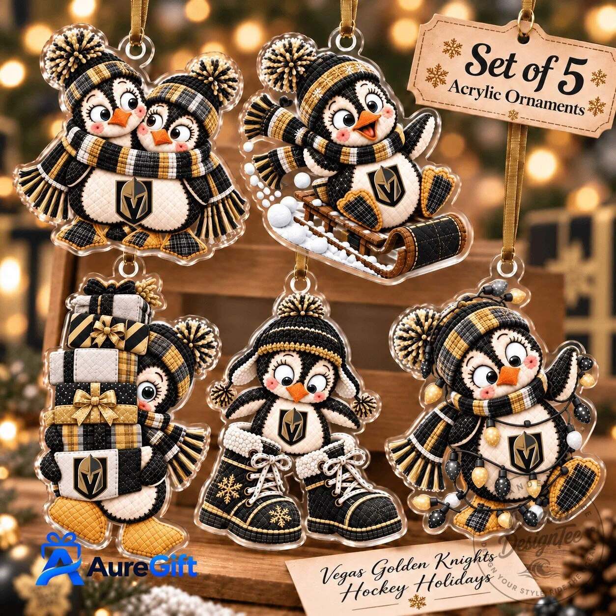 Vegas Golden Knights Penguin Christmas Holiday Acrylic Ornament Set