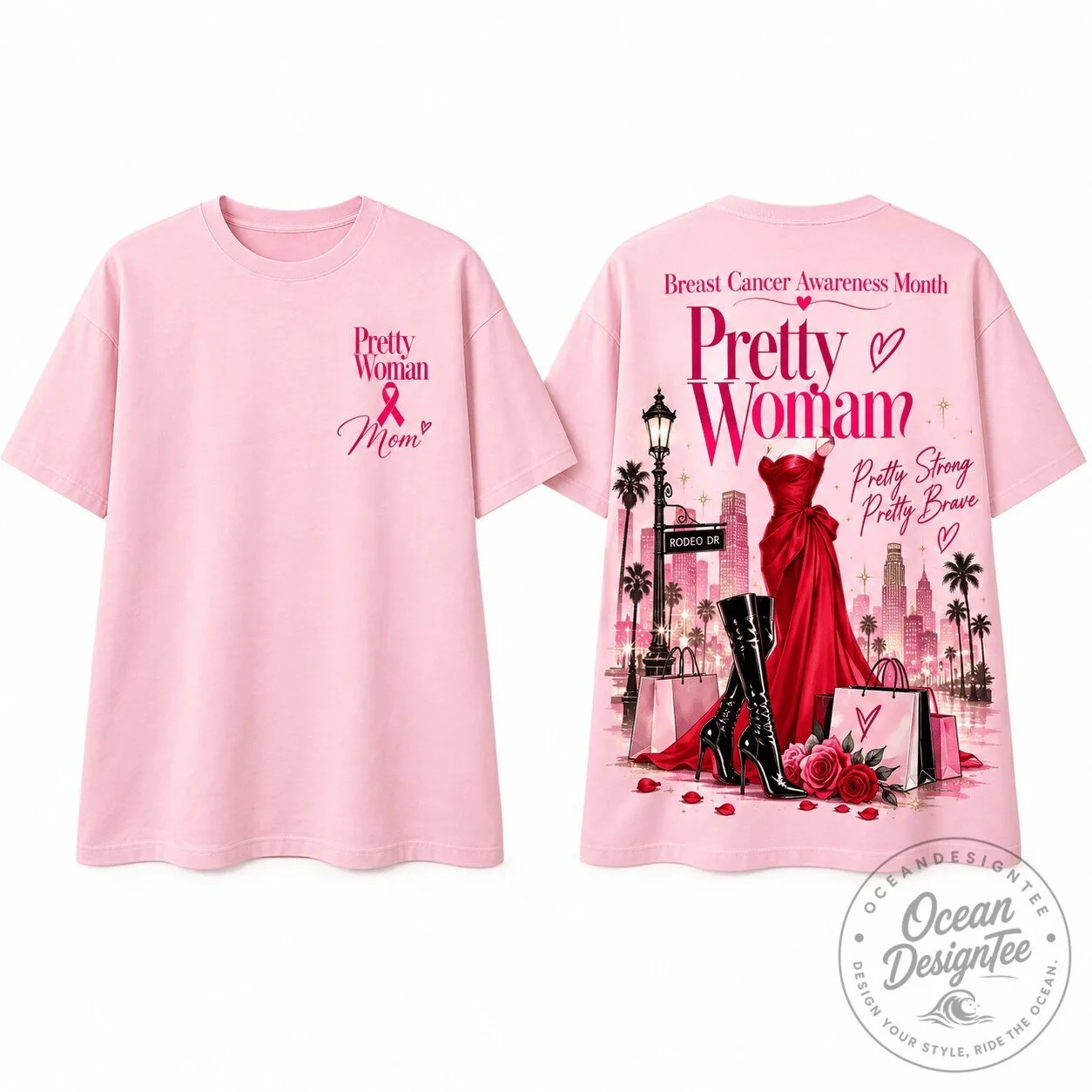 Pretty Woman Breast Cancer Awareness Month Pink Ribbon T-Shirt