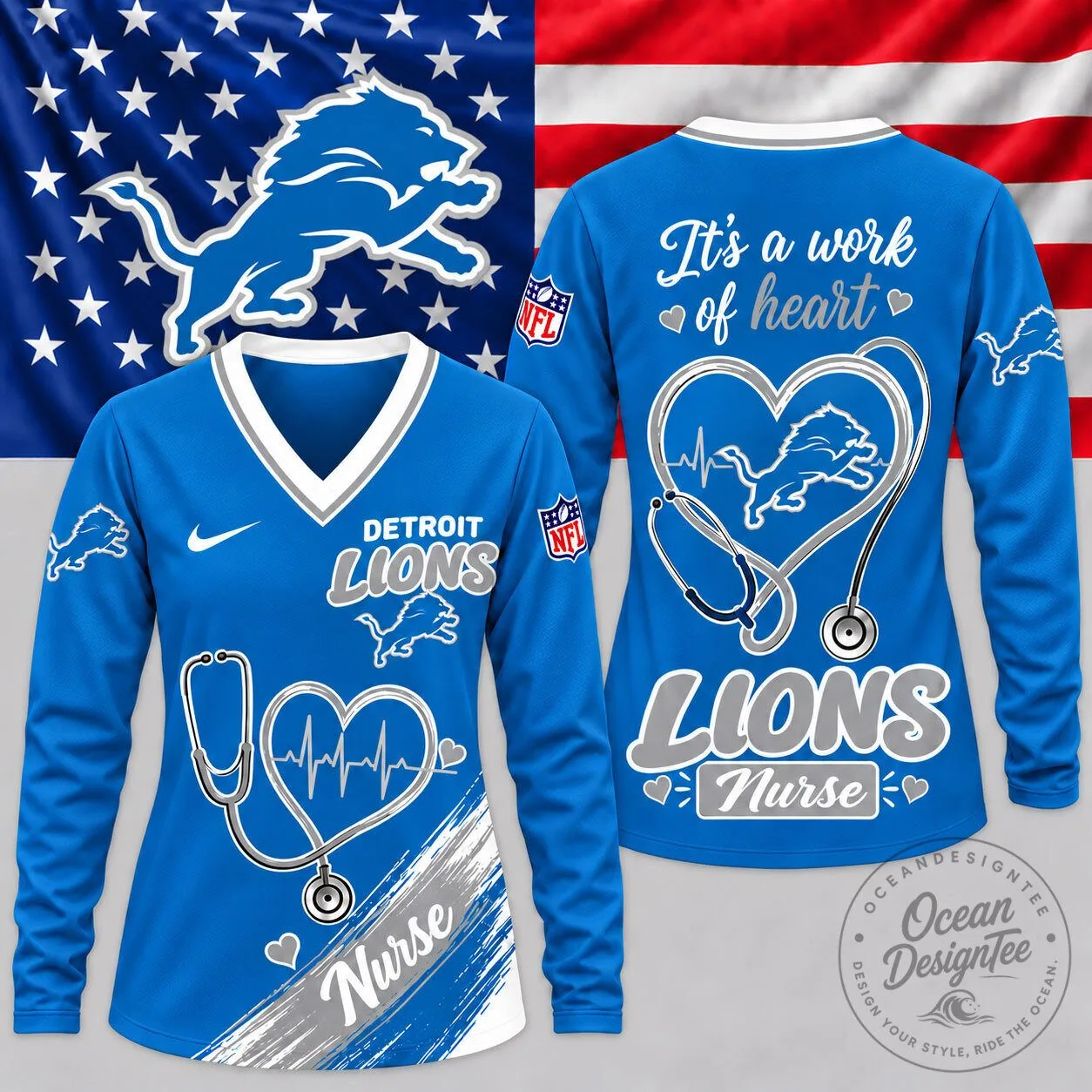 Detroit Lions Nurse Heartbeat NFL Fan Long Sleeve V-Neck Shirt