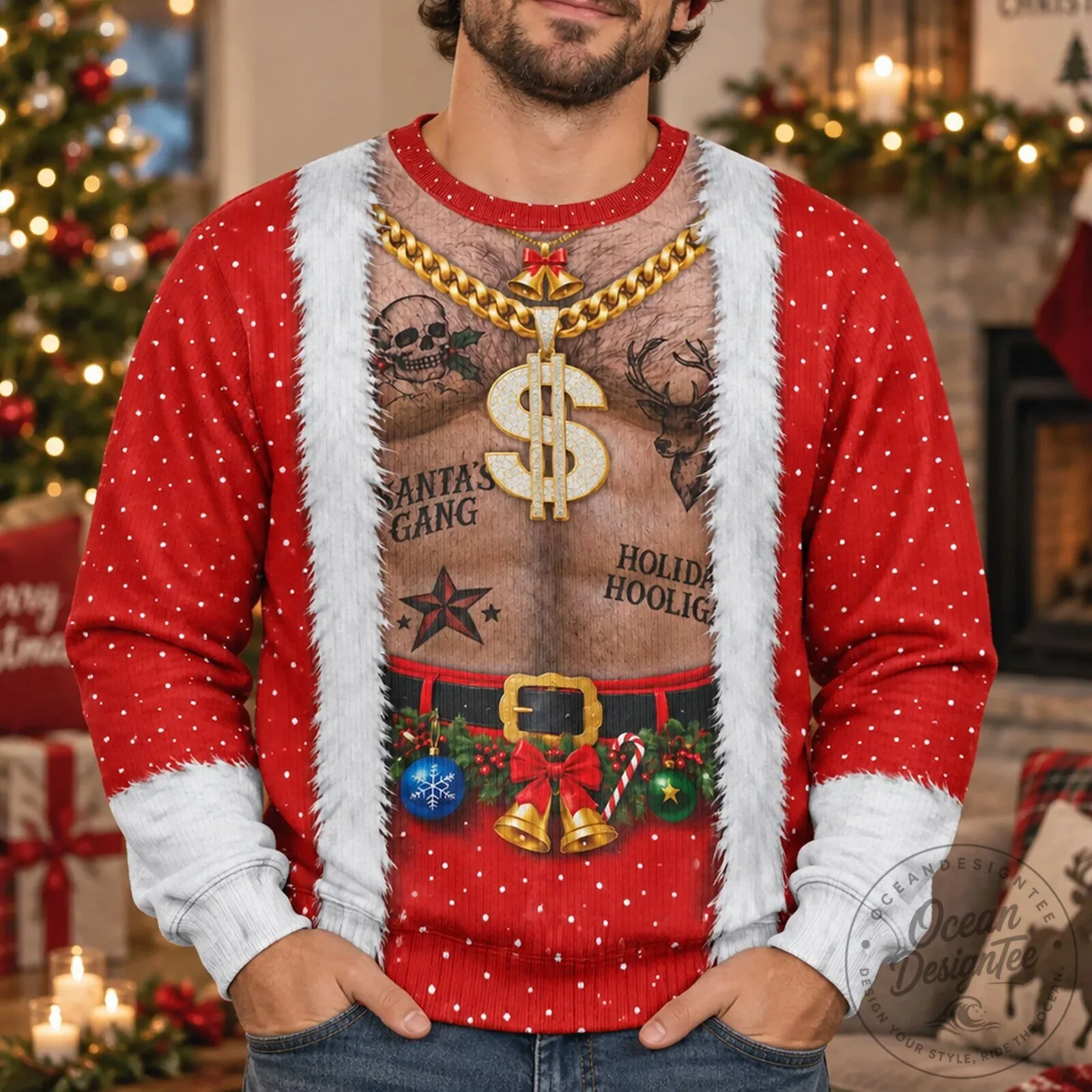 Funny Santa's Gang Hairy Chest Christmas Sweater