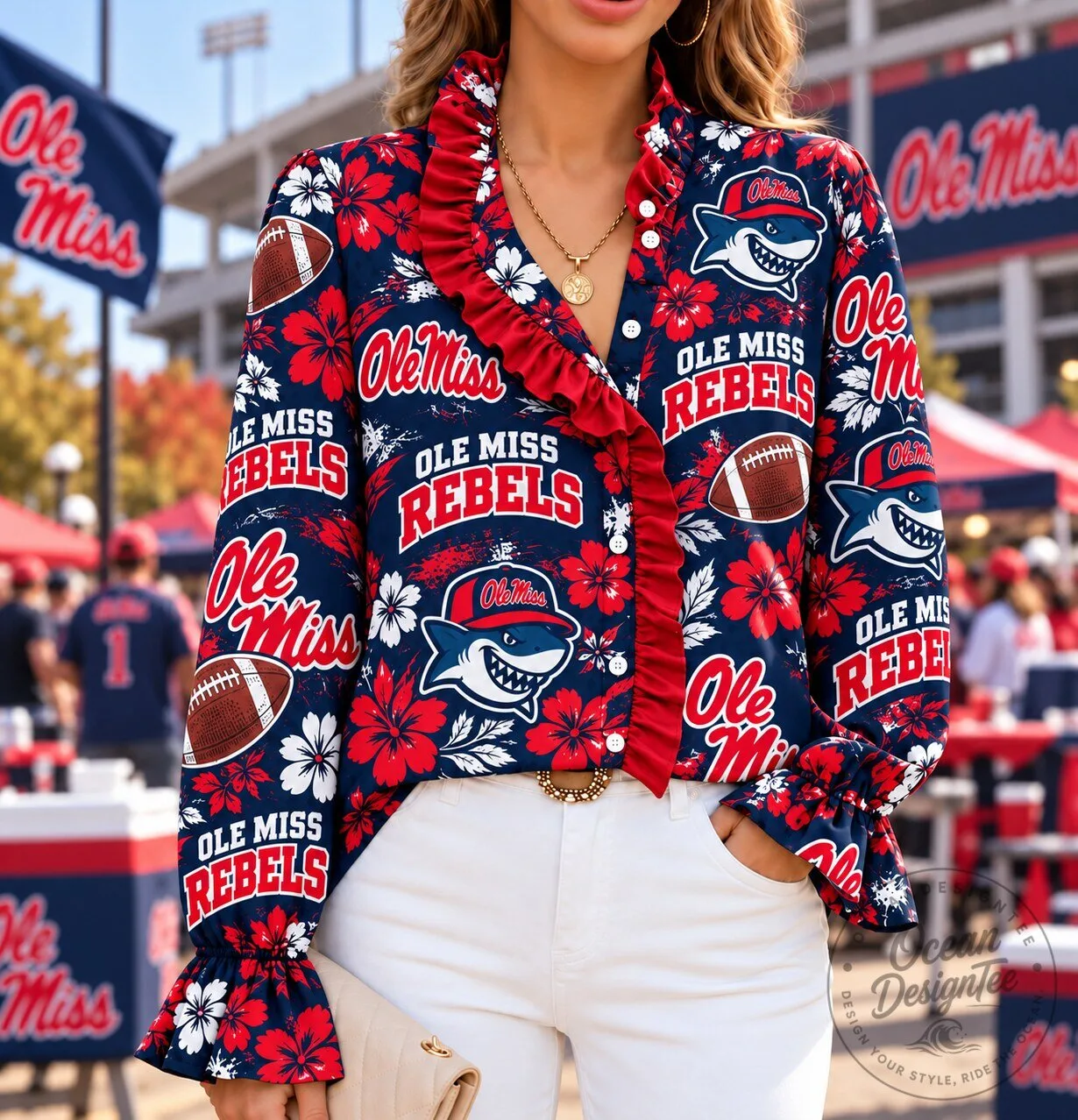 Ole Miss Rebels Floral Ruffled Long-Sleeve Button-Up Shirt