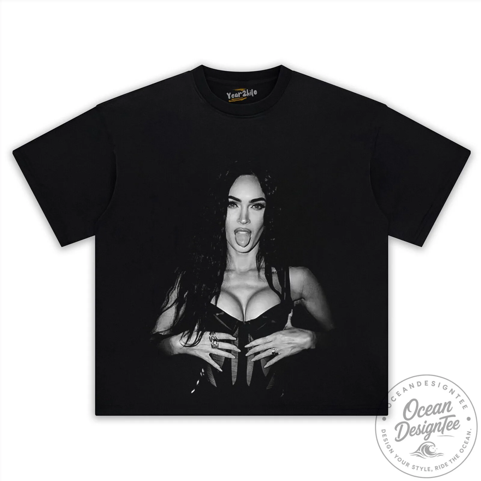 Black and White Portrait T-Shirt Featuring Iconic Pose of Megan Fox