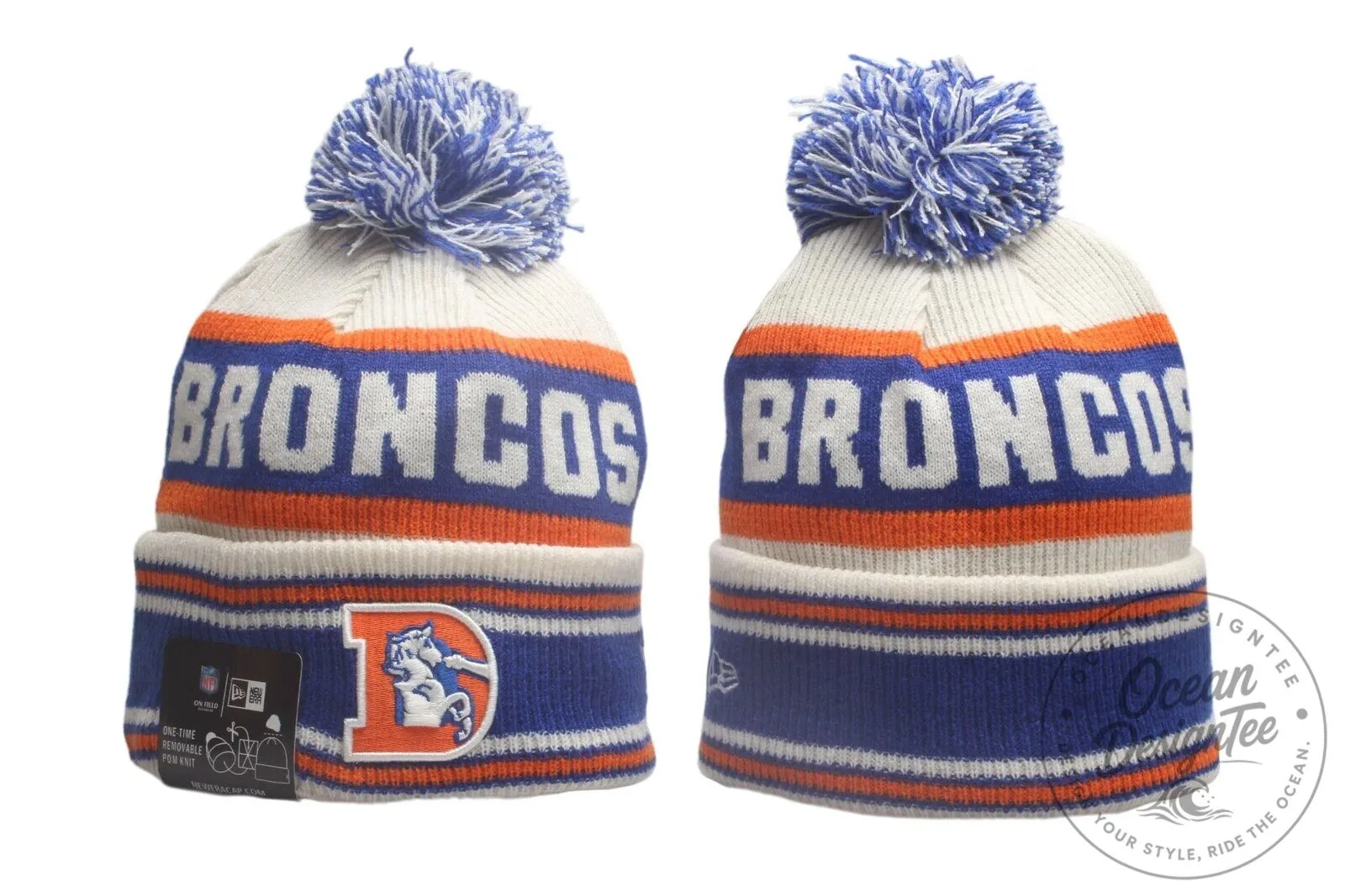 Denver Broncos White Blue Orange Pom Knit Cuffed Beanie Cap Hat