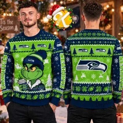 Seattle Seahawks Grinch Christmas Ugly Sweater Holiday Crewneck Sweatshirt