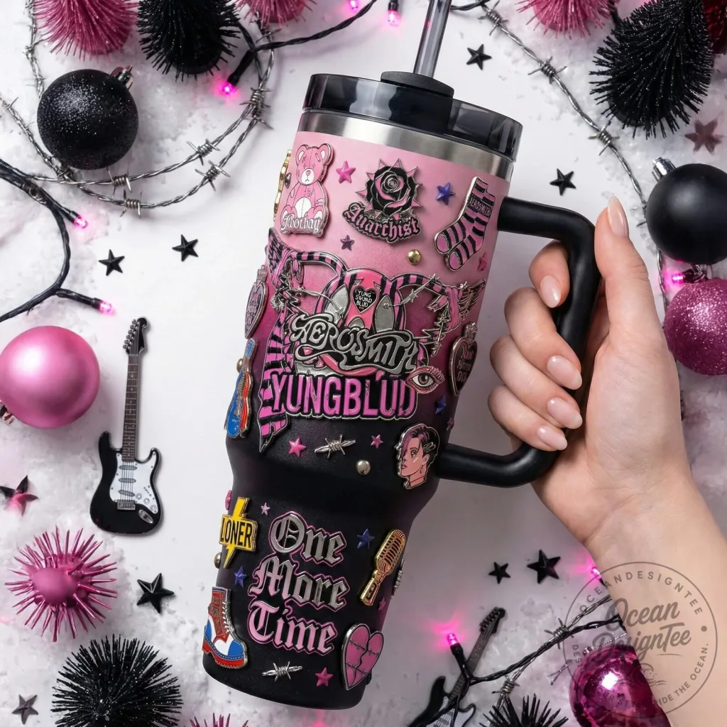 Aerosmith Yungblud Pink and Black Handle Tumbler with Straw Aerosmith Yungblud Pink and Black Handle Tumbler with Straw