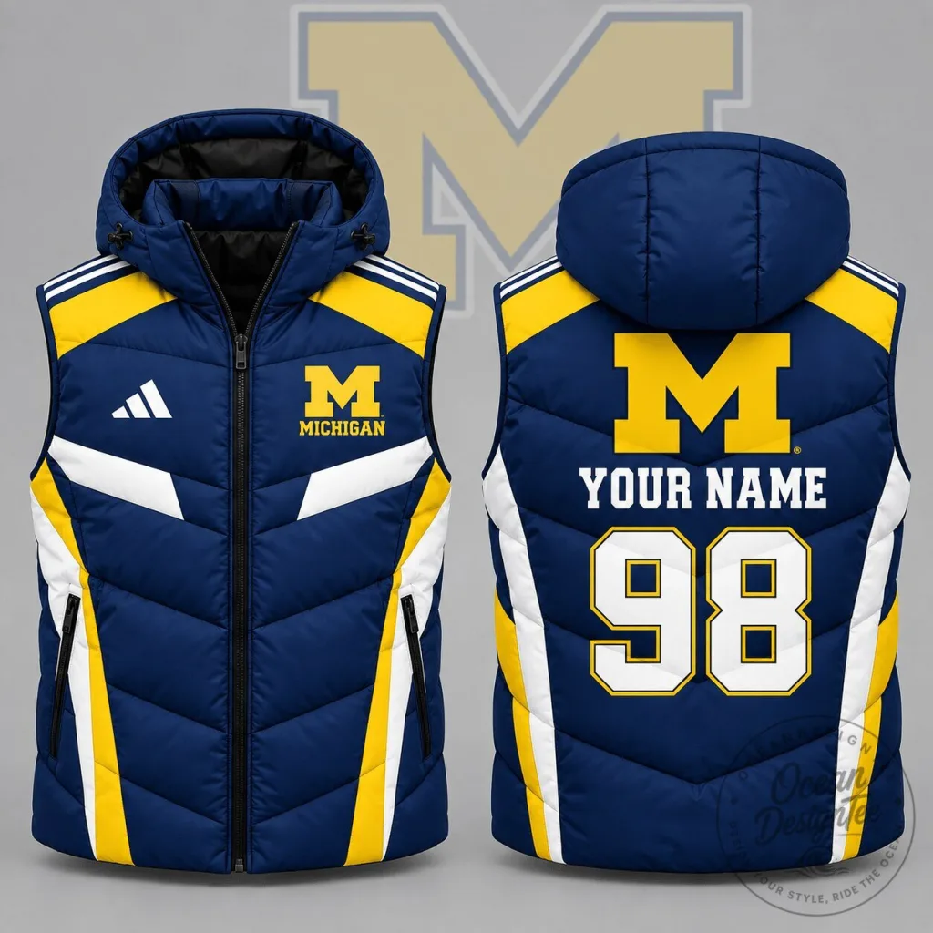 Michigan Wolverines Personalized Puffer Vest with Hood and Custom Name Number Michigan Wolverines Personalized Puffer Vest with Hood and Custom Name Number