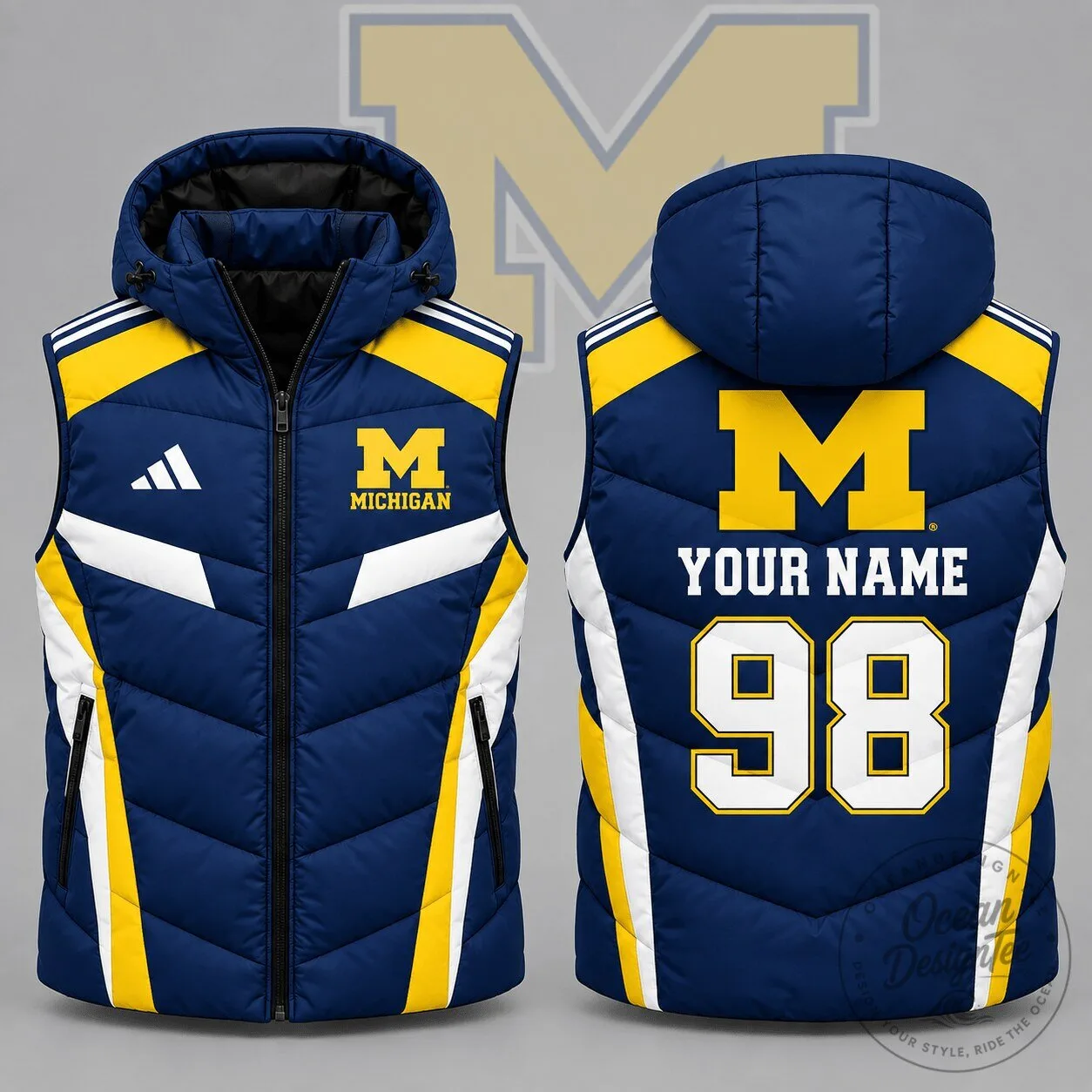 Michigan Wolverines Personalized Puffer Vest with Hood and Custom Name Number