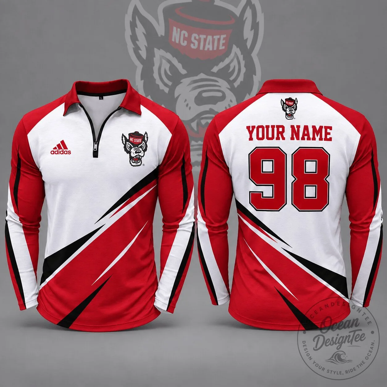 North Carolina State Wolfpack Personalized Red and White Long Sleeve Polo Shirt