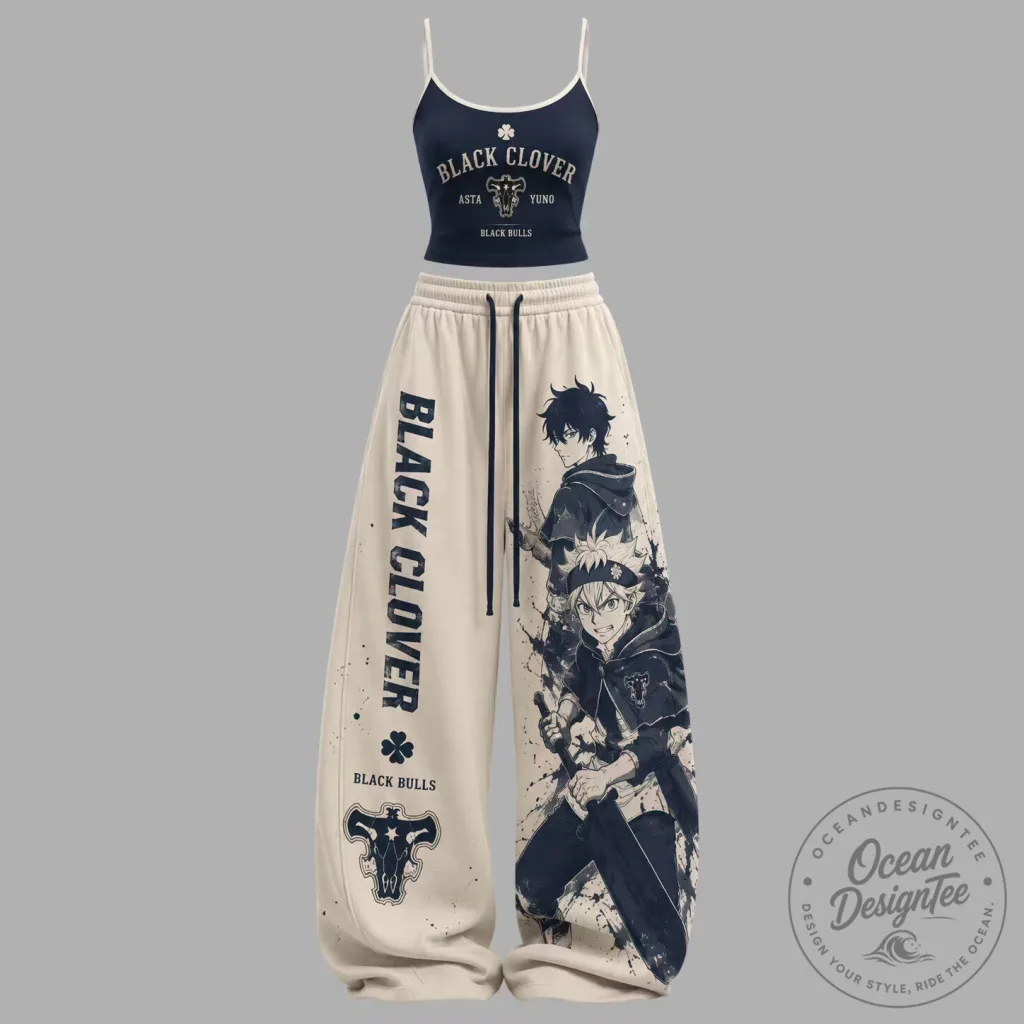 Black Clover Asta Yuno Black Bulls Cropped Tank Top and Pants Set Black Clover Asta Yuno Black Bulls Cropped Tank Top and Pants Set