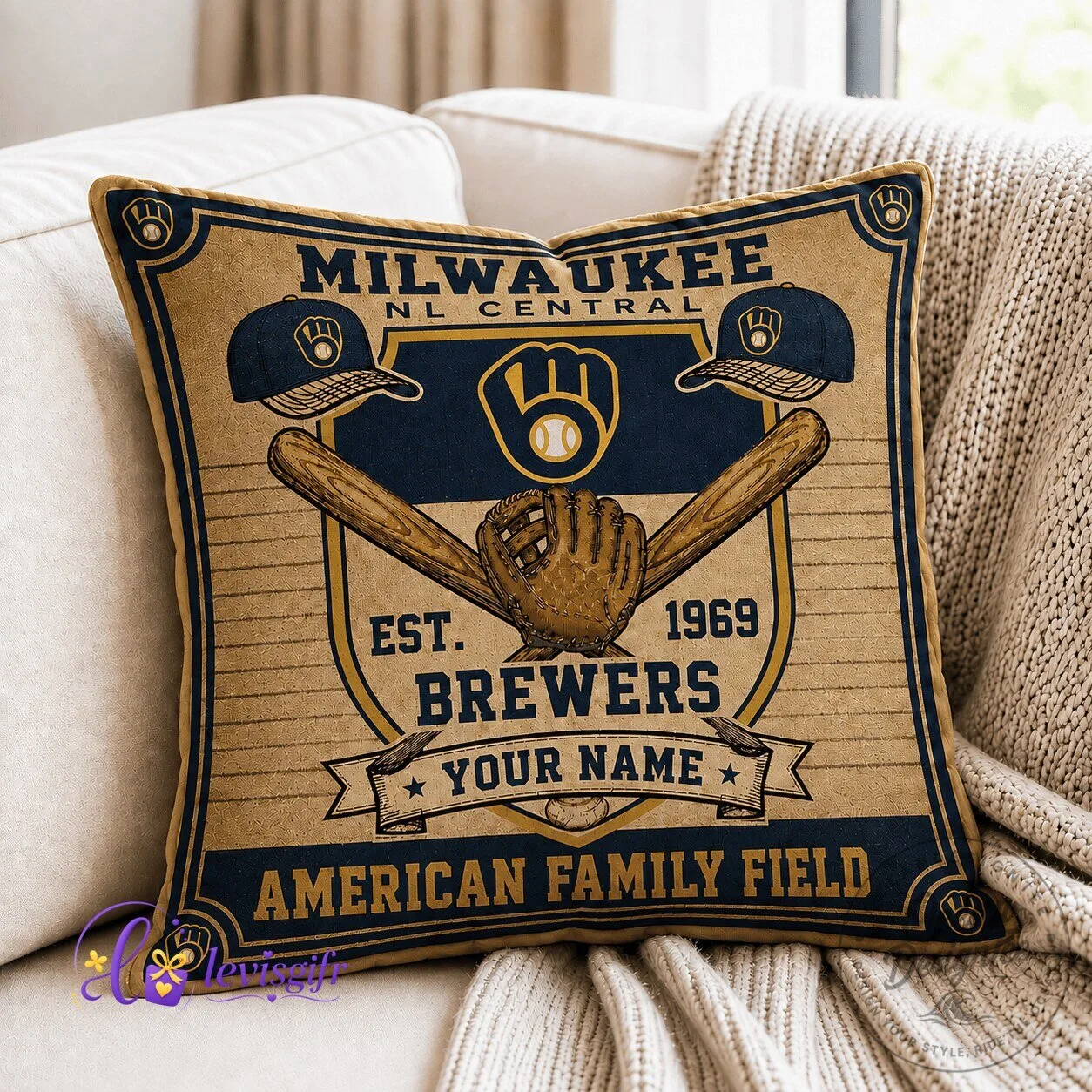 Milwaukee Brewers Baseball American Family Field Vintage Pillow Personalized Gift