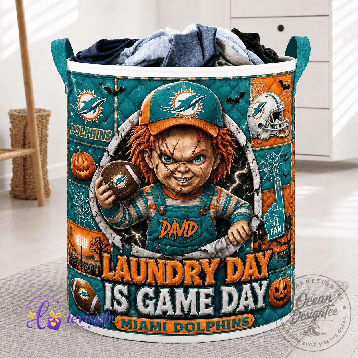 Miami Dolphins Football Laundry Basket - Halloween Game Day Personalized Gift
