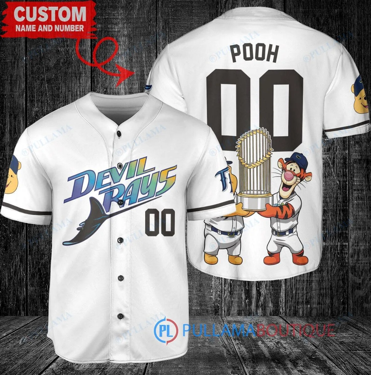 Tampa Bay Rays Baseball Jersey with Winnie the Pooh and Tigger World Series Trophy