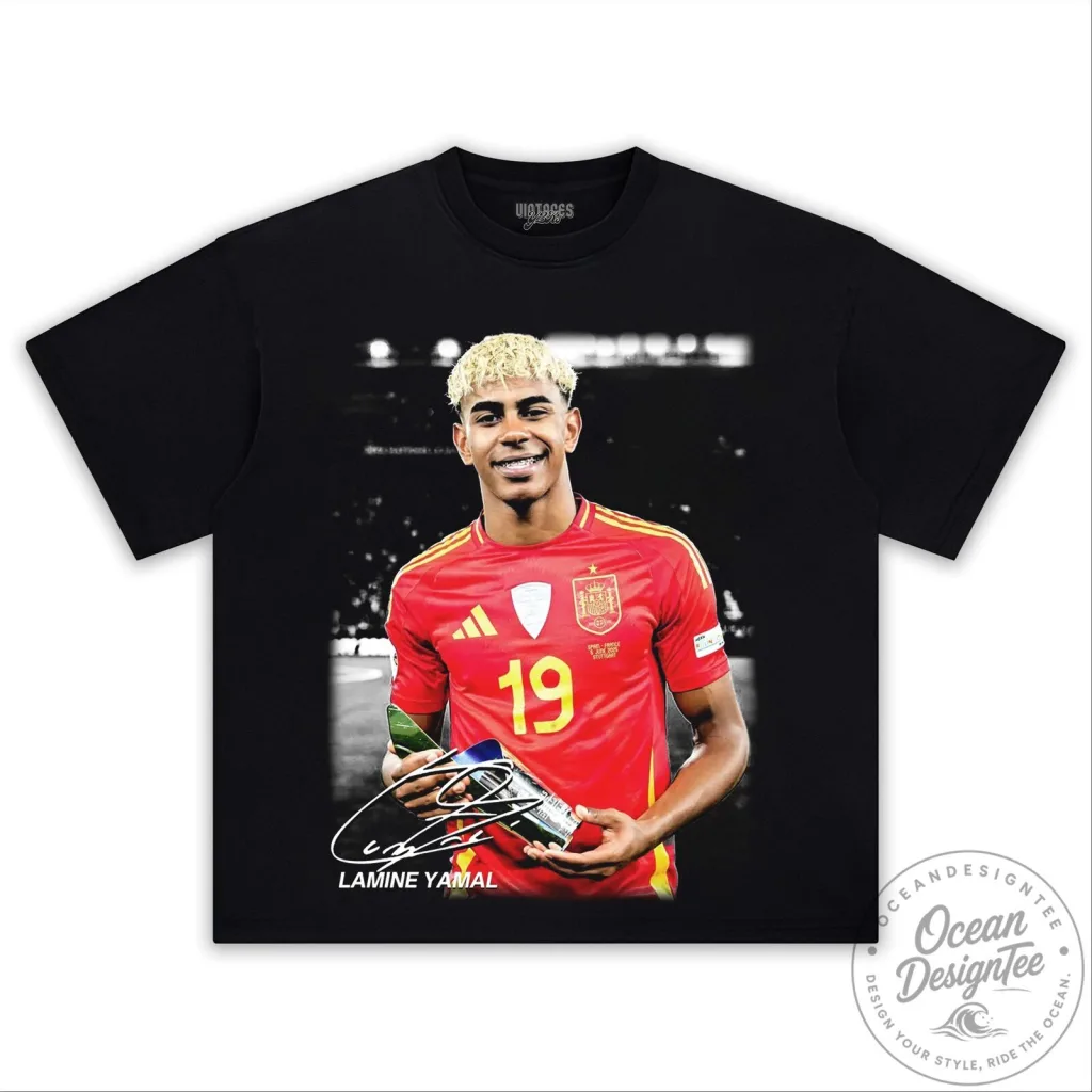 Black Cotton T-Shirt featuring Graphic Design of Football Player Lamine Yamal Black Cotton T-Shirt featuring Graphic Design of Football Player Lamine Yamal