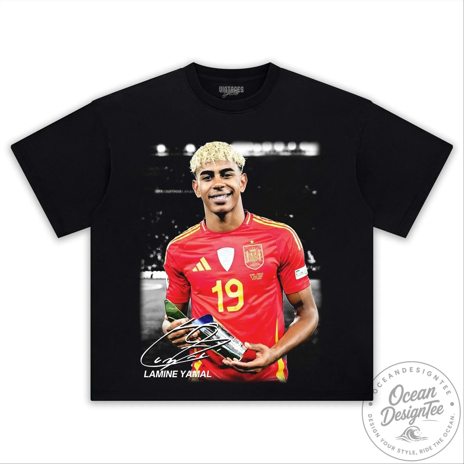 Black Cotton T-Shirt featuring Graphic Design of Football Player Lamine Yamal