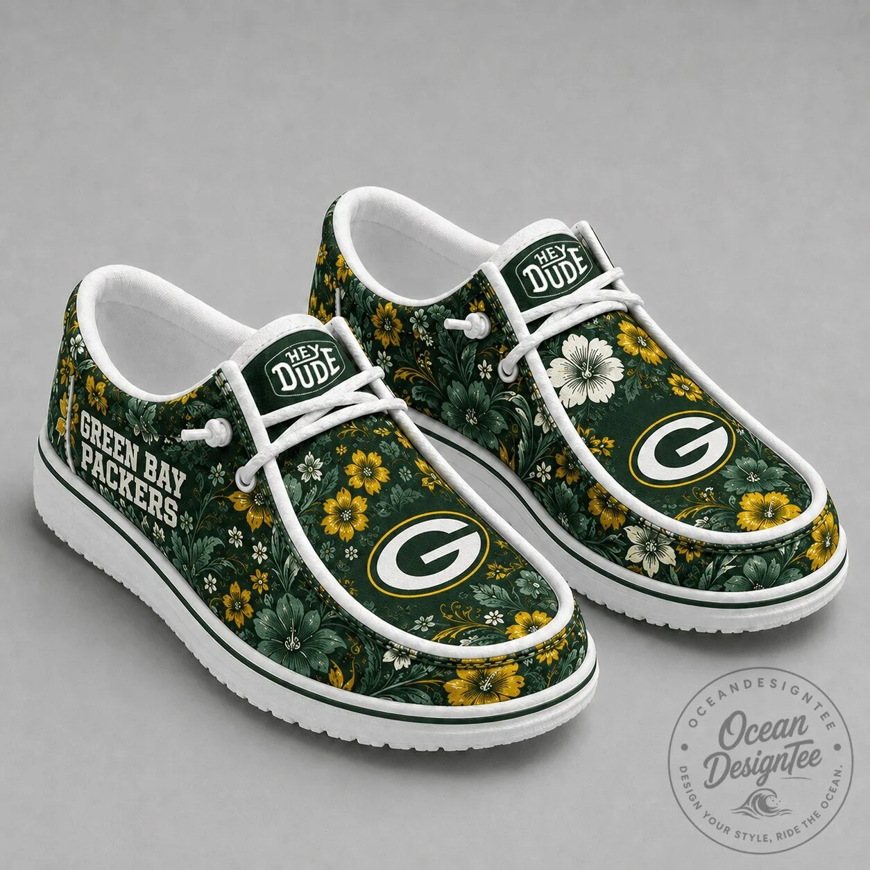 Green Bay Packers Floral Pattern Slip-On Loafer Shoes