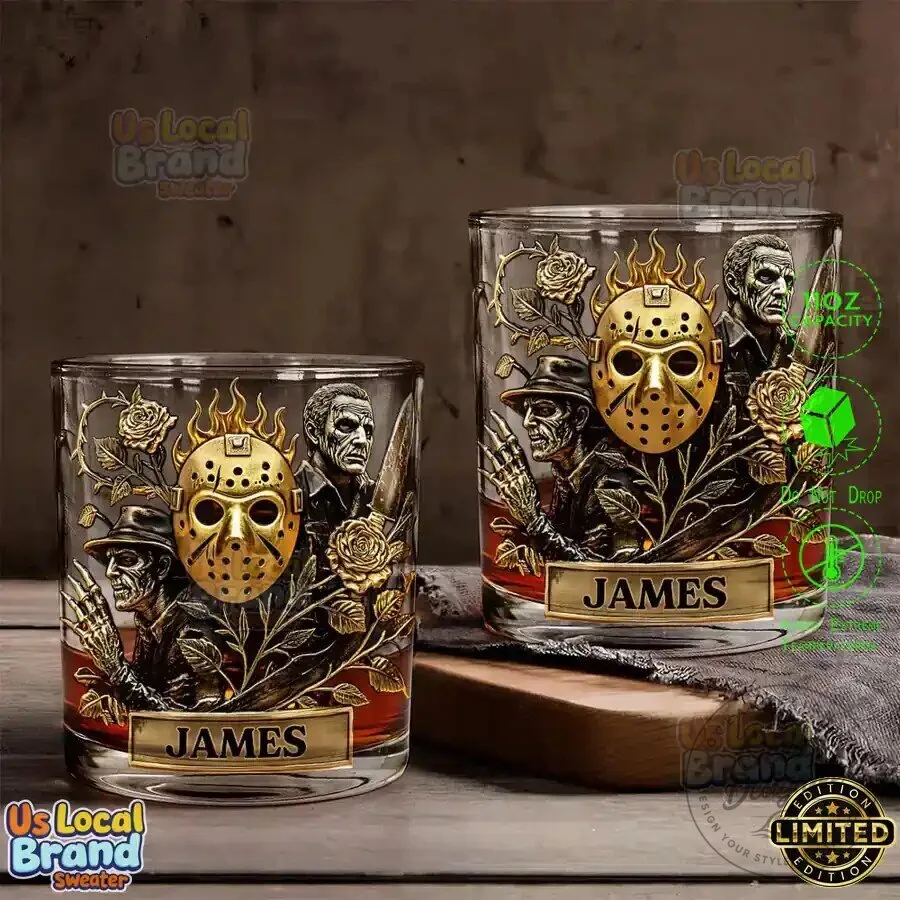Horror Movie Villains Jason Freddy Michael Myers Whiskey Glass