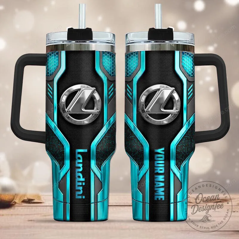 Landini Tractor Blue Hexagon Pattern Stainless Steel Tumbler with Handle