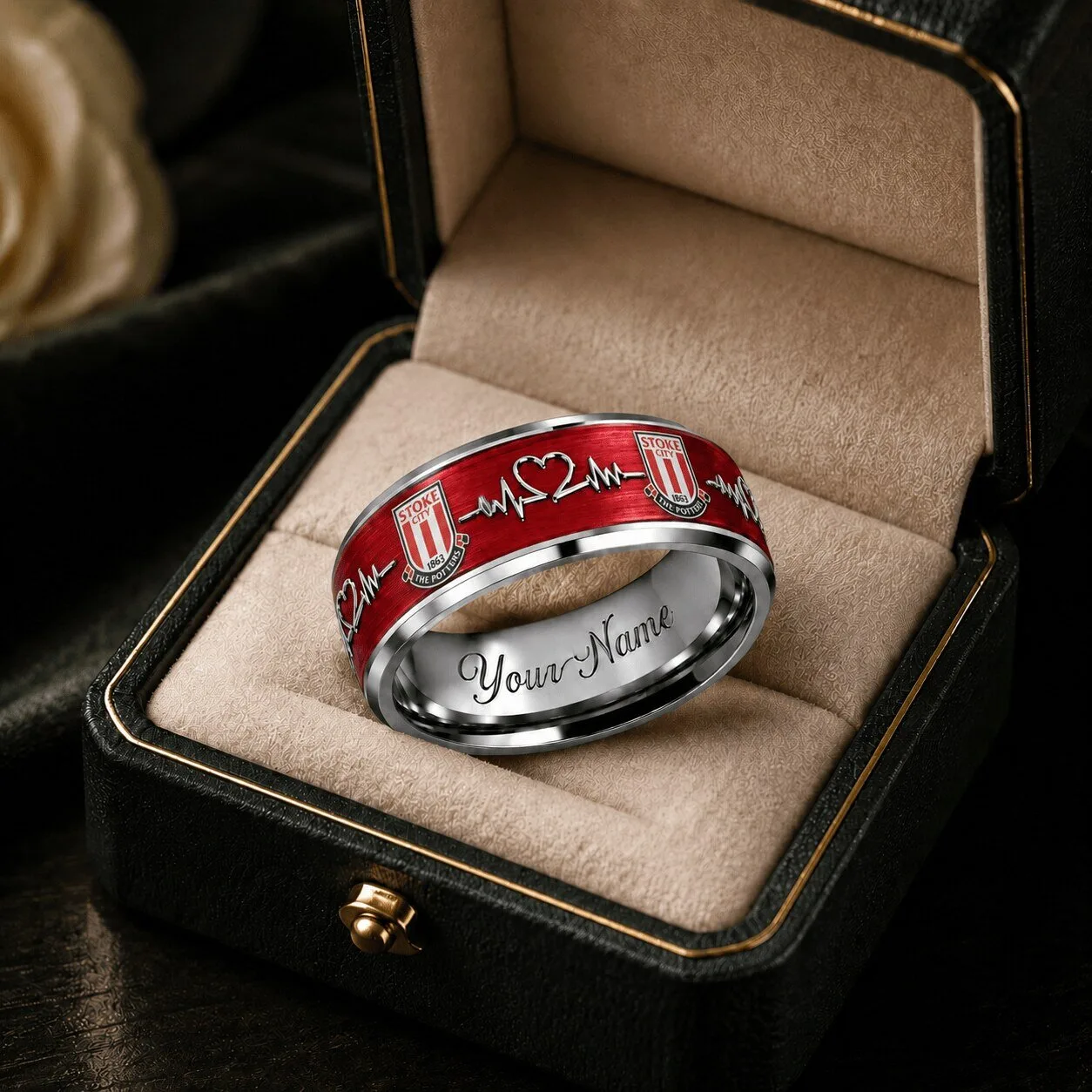 Stoke City Football Club Heartbeat Custom Engraved Stainless Steel Ring