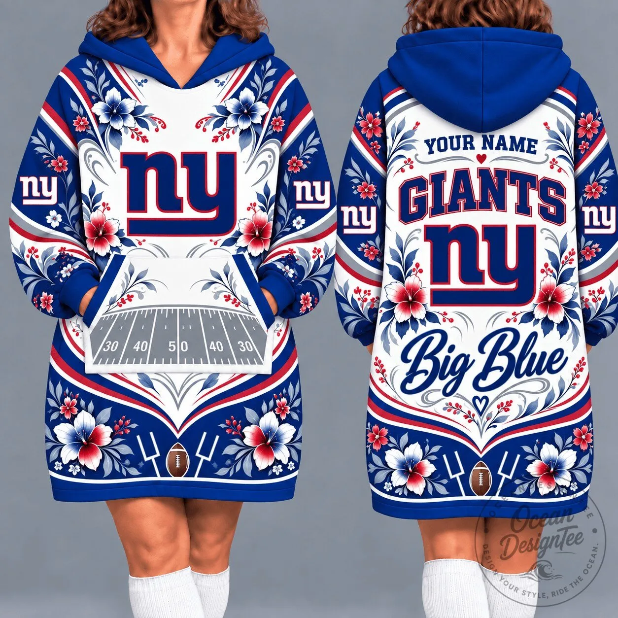 New York Giants Floral Pattern Personalized Football Stadium Wearable Blanket Hoodie