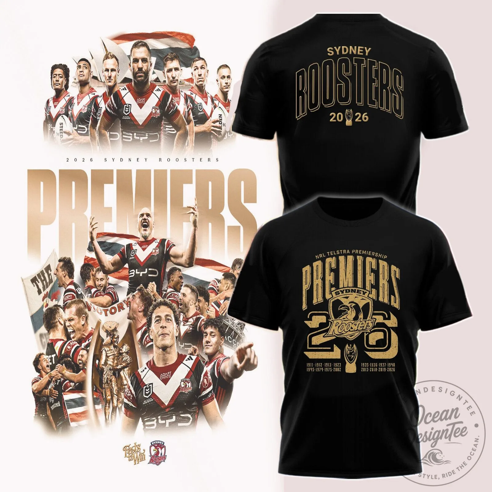 Sydney Roosters National Rugby League Telstra Premiership Premiers 2026 Black T-Shirt