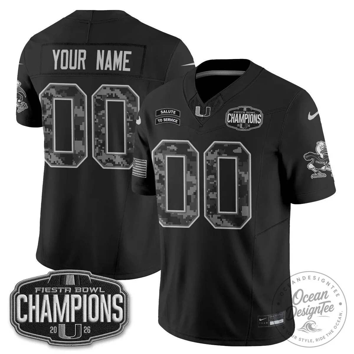 Miami Hurricanes Fiesta Bowl Champions 2026 Salute to Service Football Jersey 2 Miami Hurricanes Fiesta Bowl Champions 2026 Salute to Service Football Jersey