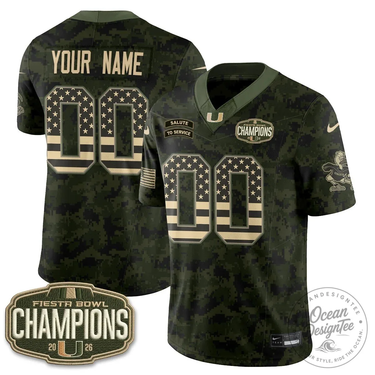 Miami Hurricanes Fiesta Bowl Champions 2026 Salute to Service Football Jersey 9 Miami Hurricanes Fiesta Bowl Champions 2026 Salute to Service Football Jersey