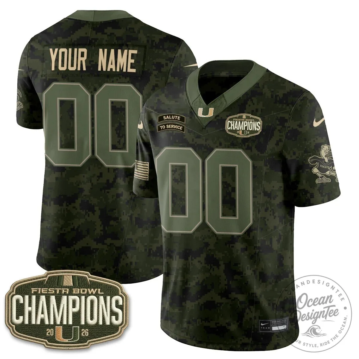 Miami Hurricanes Fiesta Bowl Champions 2026 Salute to Service Football Jersey 10 Miami Hurricanes Fiesta Bowl Champions 2026 Salute to Service Football Jersey