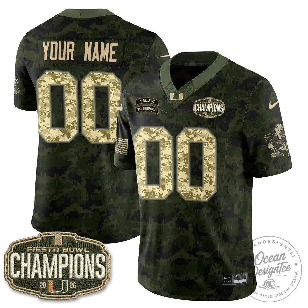 Miami Hurricanes Fiesta Bowl Champions 2026 Salute to Service Football Jersey 11 Miami Hurricanes Fiesta Bowl Champions 2026 Salute to Service Football Jersey