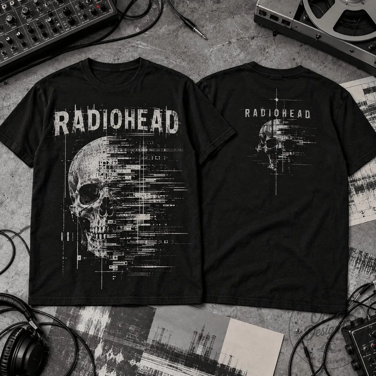 Radiohead Digital Skull Distortion Black Band T-Shirt for Alternative Rock Fans
