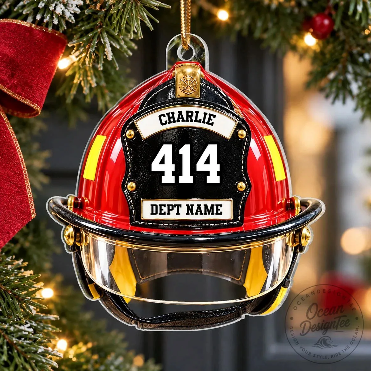 Personalized Firefighter Helmet Christmas Tree Ornament