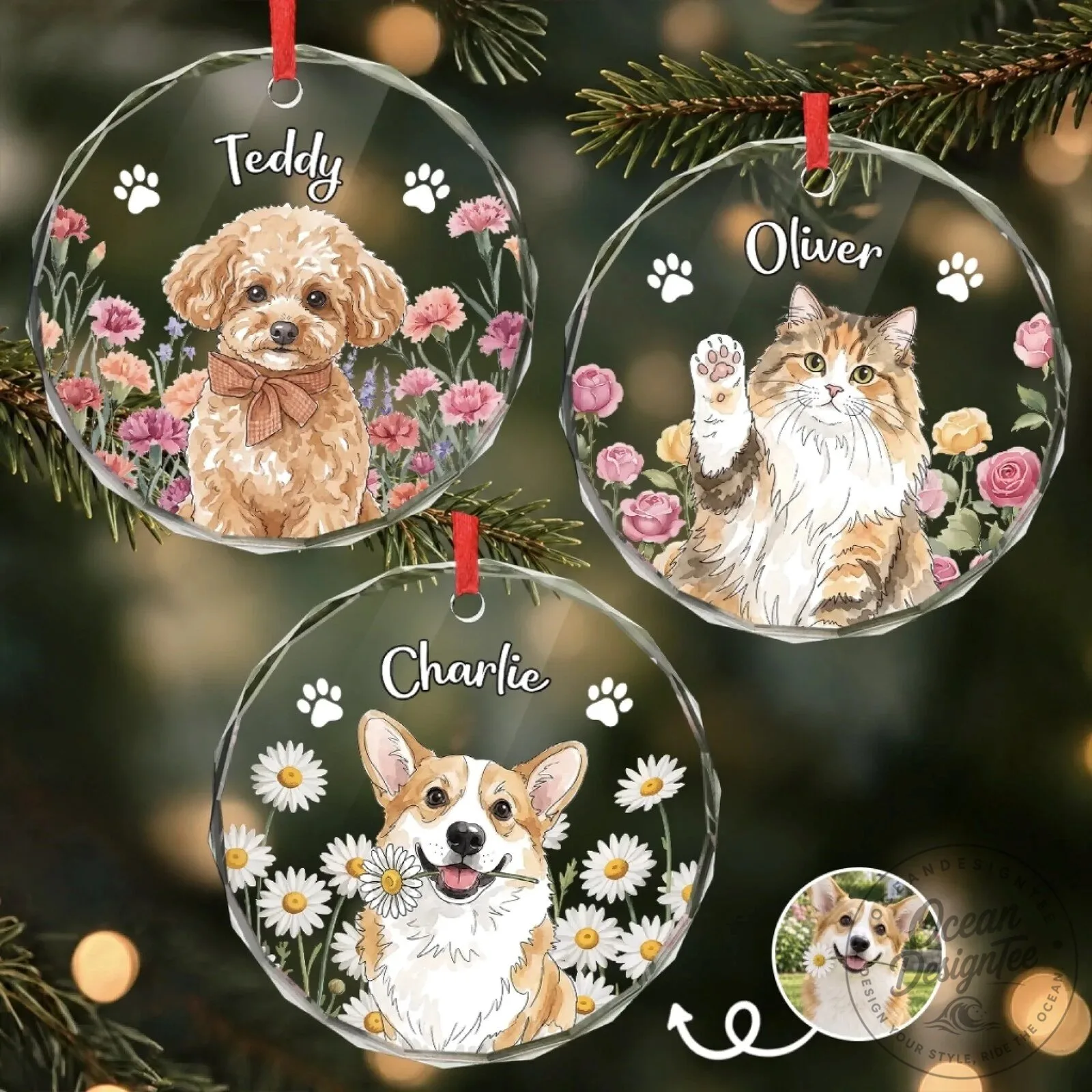 Custom Pet Photo Christmas Gifts Personalized Circle Glass Ornament