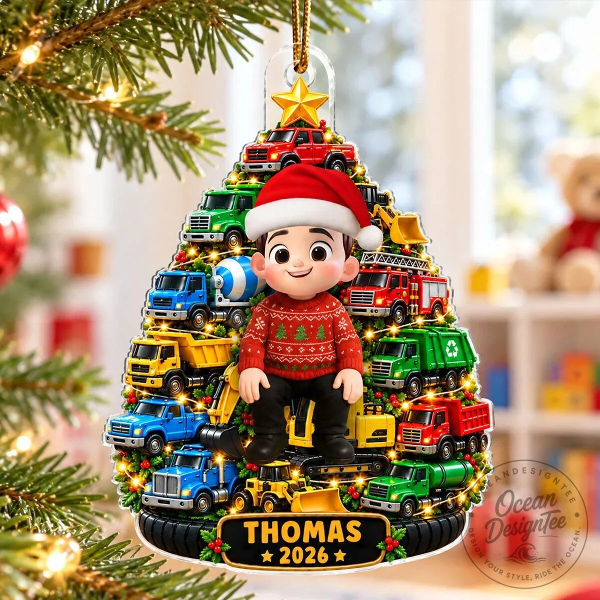 Personalized Boy With Trucks Christmas Tree Acrylic Ornament