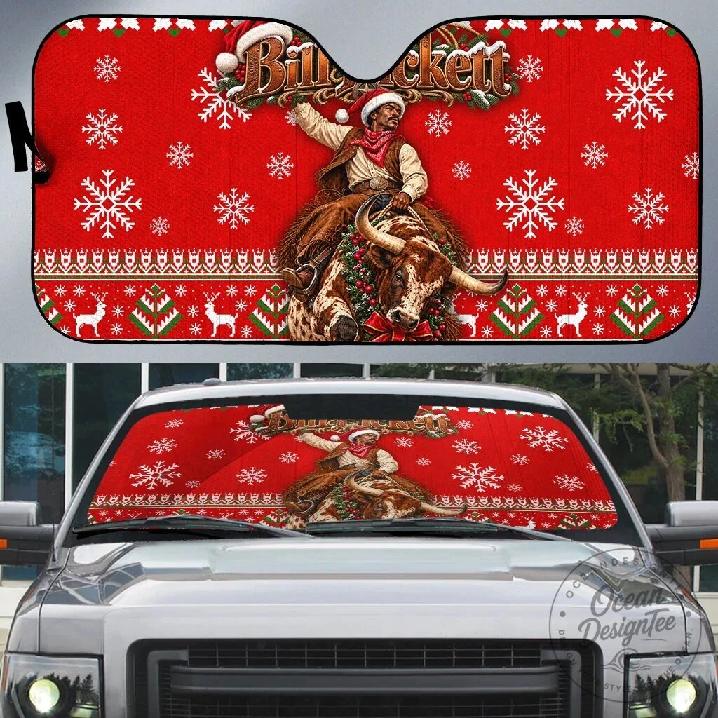 Bill Pickett Christmas Cowboy Rodeo Bull Rider Snowflakes Car Sunshade