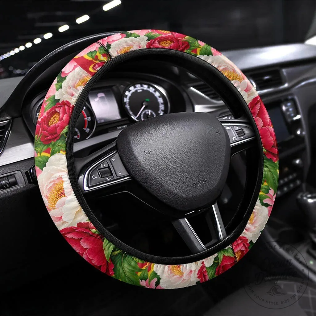 Floral Peony Motifs Steering Wheel Cover with Traditional Folk Pattern Design