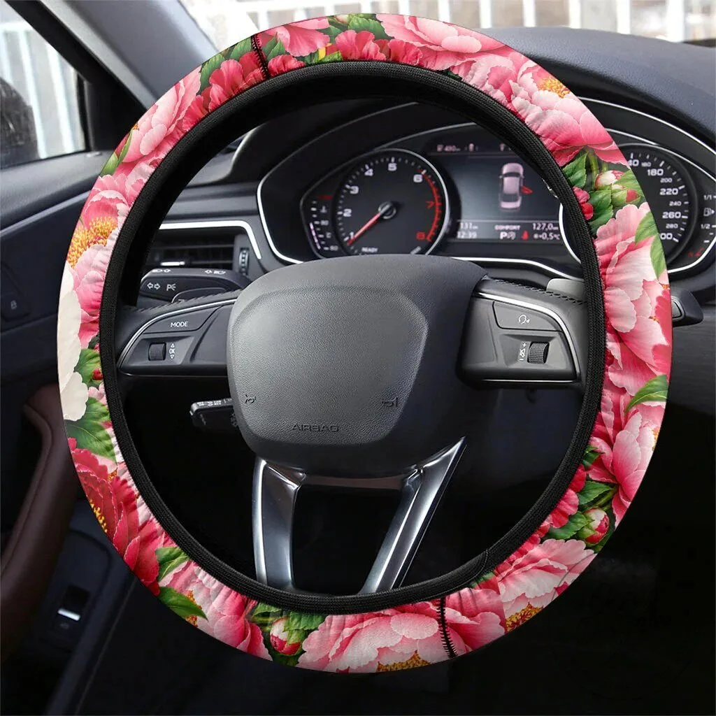 Floral Peony Motifs Steering Wheel Cover with Traditional Folk Pattern Design 3 Floral Peony Motifs Steering Wheel Cover with Traditional Folk Pattern Design